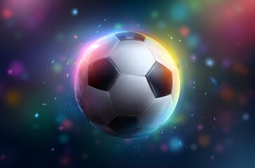 Naklejka premium A black and white soccer ball moves swiftly against a background of dynamic, colorful light trails. It symbolizes the thrilling energy for World Cup 2026 in Mexico, USA, and Canada.
