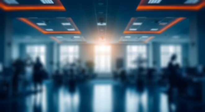 A blurred futuristic interior hallway with vibrant orange lighting and indistinct figures creating a sense of mystery