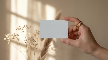 Obraz premium Female hand holding blank white business card mockup with golden rings and dried flowers in soft natural sunlight for branding design templates.