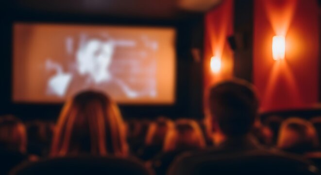 A blurred image depicts a cinema with a large screen showing a bright indistinct film and seated audience members