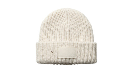 Fototapeta premium White Knit Beanie Hat with Blank Label Patch Isolated on Transparent Background, Png.