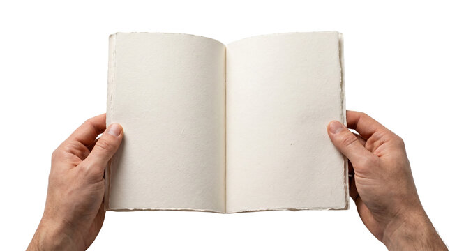 Hands Holding Open Blank Book Pages Isolated on Transparent Background, Png.