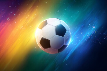 Naklejka premium A black and white soccer ball moves swiftly against a background of dynamic, colorful light trails. It symbolizes the thrilling energy for World Cup 2026 in Mexico, USA, and Canada.