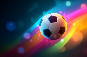 Naklejka premium A black and white soccer ball moves swiftly against a background of dynamic, colorful light trails. It symbolizes the thrilling energy for World Cup 2026 in Mexico, USA, and Canada.