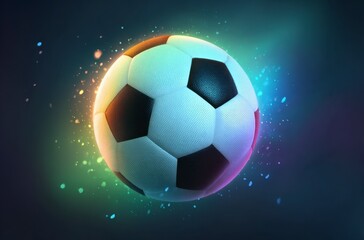 Naklejka premium A black and white soccer ball moves swiftly against a background of dynamic, colorful light trails. It symbolizes the thrilling energy for World Cup 2026 in Mexico, USA, and Canada.