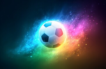 Naklejka premium A black and white soccer ball moves swiftly against a background of dynamic, colorful light trails. It symbolizes the thrilling energy for World Cup 2026 in Mexico, USA, and Canada.