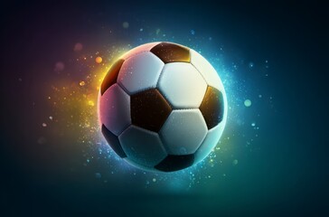 Fototapeta premium A black and white soccer ball moves swiftly against a background of dynamic, colorful light trails. It symbolizes the thrilling energy for World Cup 2026 in Mexico, USA, and Canada.