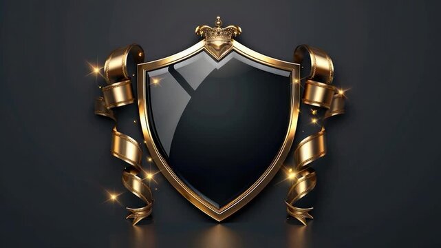 A golden and black shield with a regal crown on top