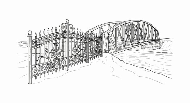 Ornate gate opens to reveal a metal truss bridge crossing a wavy river