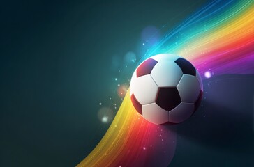 Naklejka premium A black and white soccer ball moves swiftly against a background of dynamic, colorful light trails. It symbolizes the thrilling energy for World Cup 2026 in Mexico, USA, and Canada.