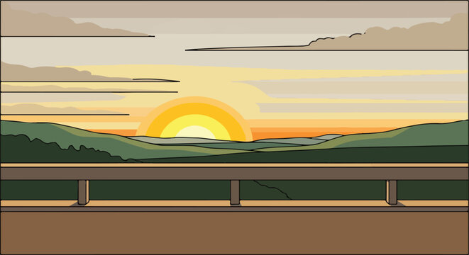 A flat illustration of a sunset over rolling hills behind a guardrail barrier