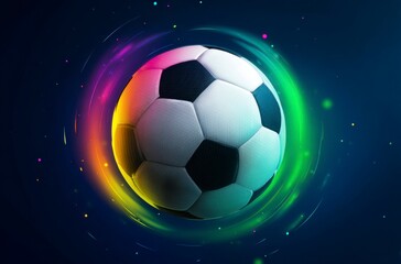 Naklejka premium A black and white soccer ball moves swiftly against a background of dynamic, colorful light trails. It symbolizes the thrilling energy for World Cup 2026 in Mexico, USA, and Canada.