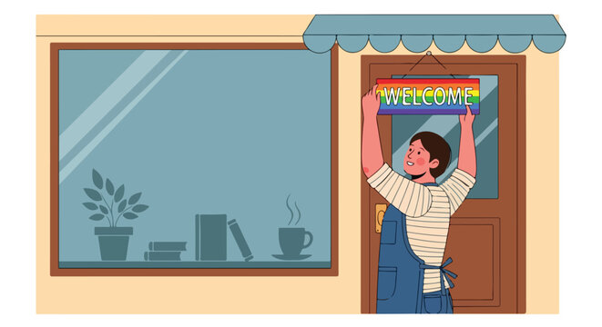 A shopkeeper hangs a colorful rainbow welcome sign on the front door of a cafe