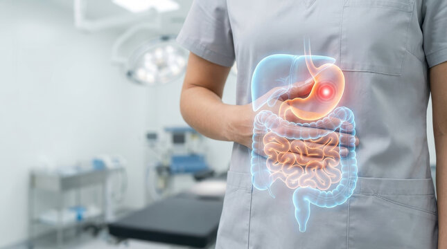 Abdominal pain localization stomach digestive system healthcare nurse patient clinic anatomy abdominal pain localization shown with digestive system overlay clinic setting healthcare worker hand