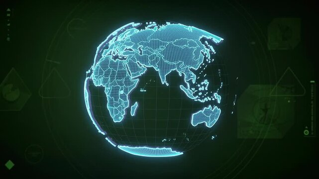 Digital glowing 3D globe with world map highlighting continents and countries in futuristic style