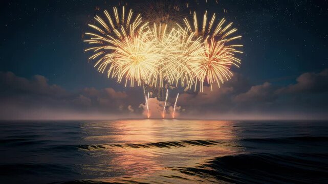 Colorful fireworks display over calm ocean water during night sky celebration with reflections