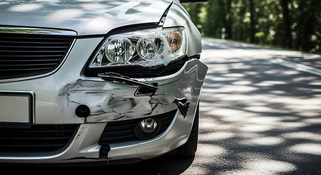 Damaged silver car with broken bumper on road