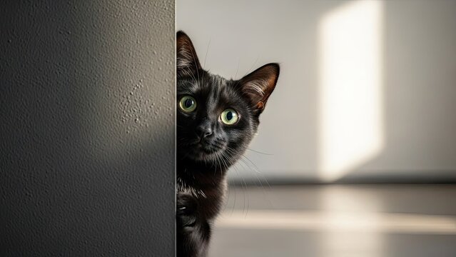 A curious black cat peeking from behind a wall in a bright room