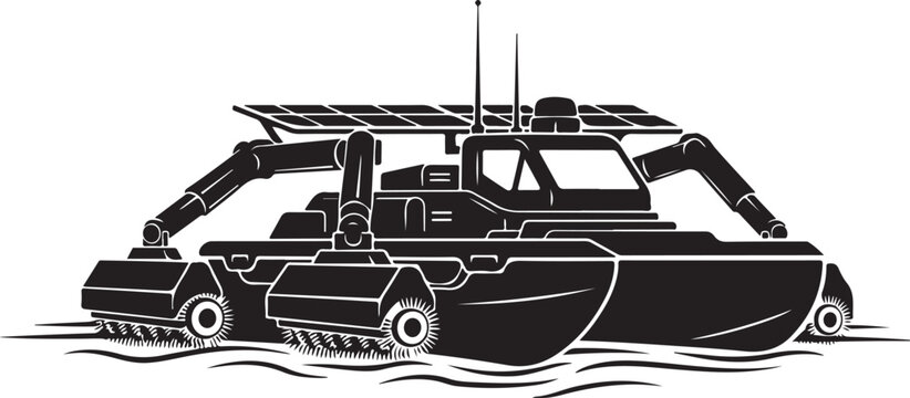 Amphibious vehicle, tank, military equipment, black and white vector
