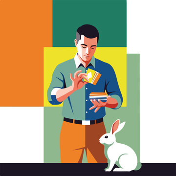 A man in a blue shirt holds a stack of cards with a white rabbit nearby