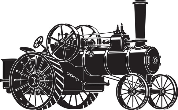 Vintage steam tractor, antique steam engine, black and white illustration, industrial vehicle