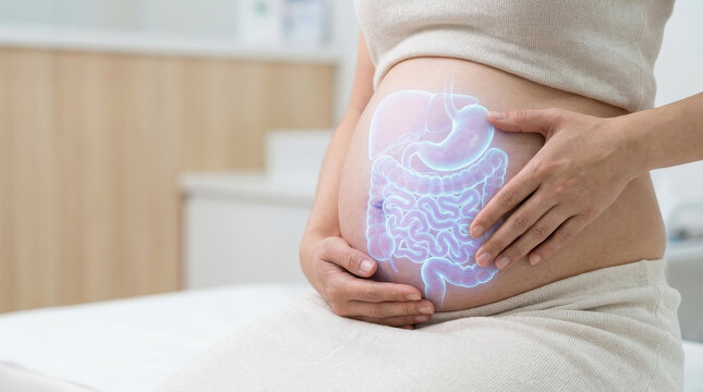 Abdominal pain localization stomach digestive intestine gut woman anatomy healthcare abdominal pain localization concept with woman holding belly bed and glowing digestive system overlay bedroom