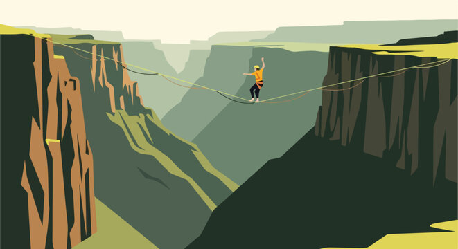 A person in a yellow shirt walks on a tightrope stretched across a deep canyon