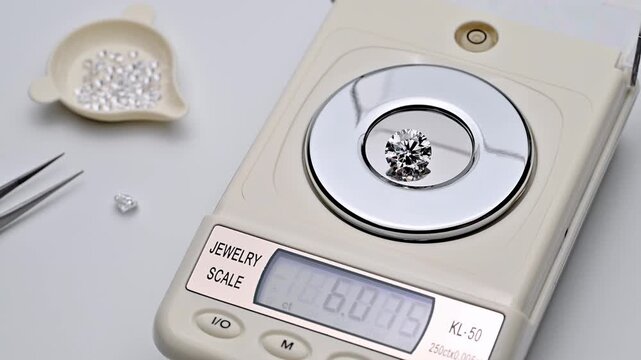 Jewelry scale displays precise diamond weight. Tongs place gem on scale