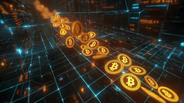 Digital cryptocurrency coins flowing through a futuristic blockchain network grid
