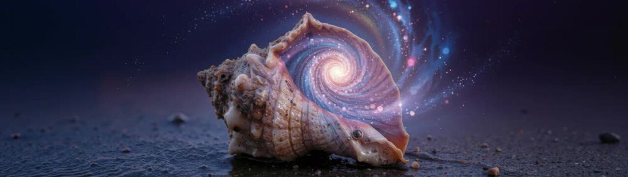 Seashell holding a glowing spiral galaxy, symbolizing creation, destiny, and the universe's infinite wonder within a natural form.
