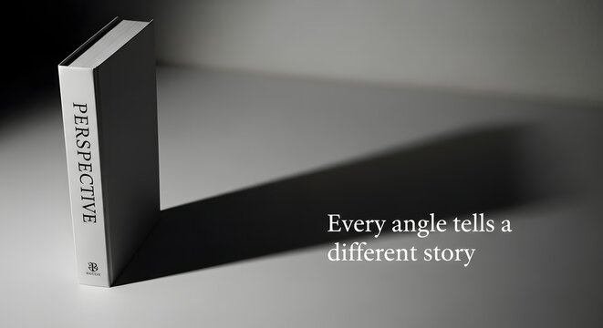 Book titled "Perspective" casting shadow on white surface in artistic composition
