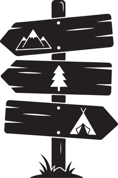 A black silhouette vector illustration of a rustic wooden directional signpost with icons for mountains, a pine tree, and a camping tent.