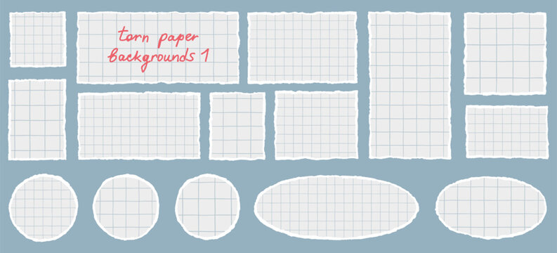 Torn grid checkered squared paper pieces backgrounds set. Rectangle square oval round circle shape text boxes frames, uneven rough jagged edge. Collage sticker note reminder banner templates
