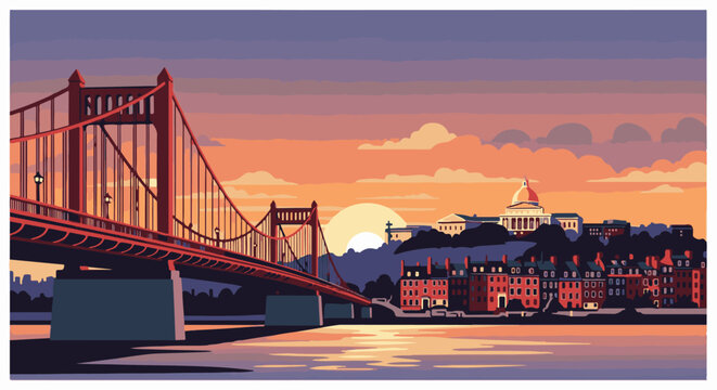 Pixel art cityscape with suspension bridge and domed building at sunset