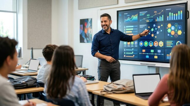 Male teacher smiling and pointing at a large interactive touchscreen display with colorful infographics and charts during a high school lesson.