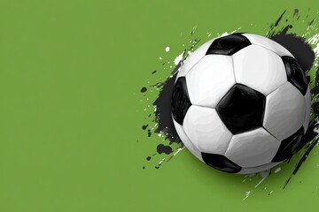 Fototapeta premium A stylized black and white soccer ball on a vibrant green background, accented with energetic white and dark green brushstrokes.