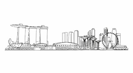Naklejka premium Stylized line drawing of a modern cityscape with iconic architecture and supertrees