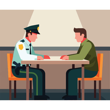 A police officer sits across from a civilian at a table for an interrogation