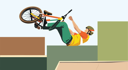 Naklejka premium An illustration of a BMX rider performing a high jump trick over urban blocks