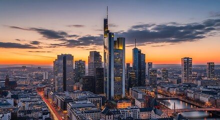 Fototapeta premium Frankfurt am Main skyline at sunset, Germany, with illuminated skyscrapers and vibrant sky.