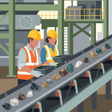 Two workers in safety vests and hard hats sort rocks on a factory conveyor belt