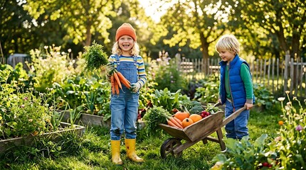 Obraz premium A smiling child in overalls holds a bunch of fresh carrots from a garden, while another child pushes a wheelbarrow of vegetables.