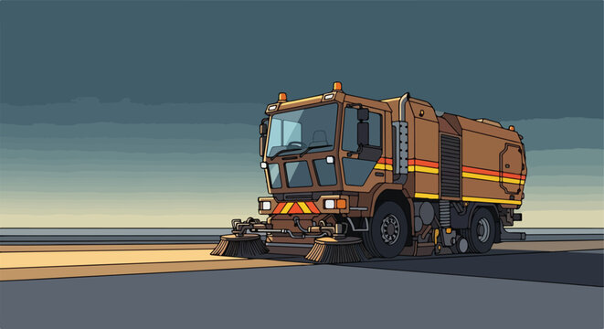 A brown street sweeper vehicle cleans an asphalt road during a cloudy evening