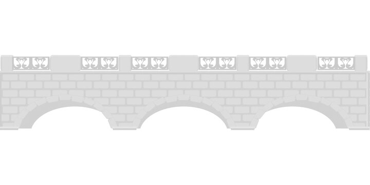 Gray stone bridge with decorative railing and two arches on transparent background