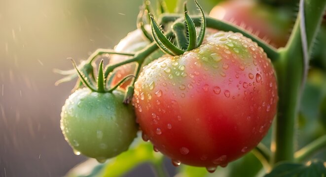 Fresh Tomatoes Ripening on the Vine with Dew Drops.
