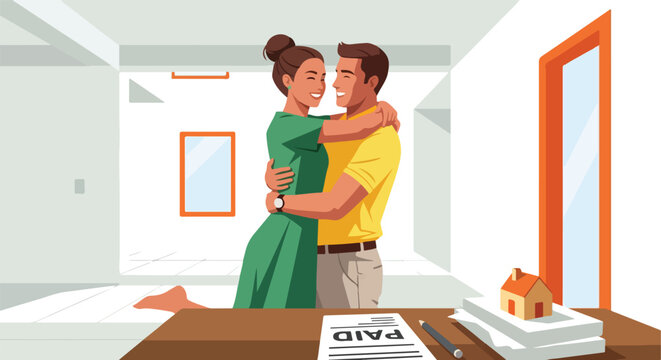 A happy couple embraces in a bright room with a paid mortgage document present
