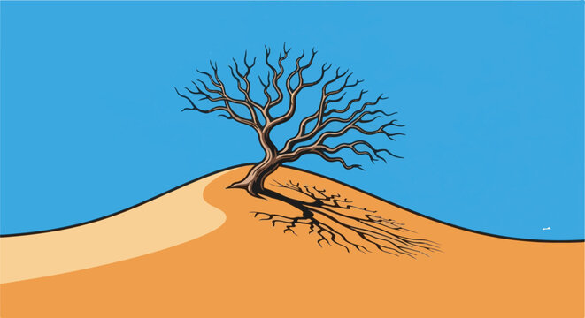 Stylized barren tree on a sand dune against a vibrant blue sky