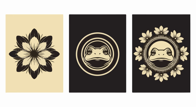 Three stylized graphic elements a flower, a frog face, and a frog face with flowers