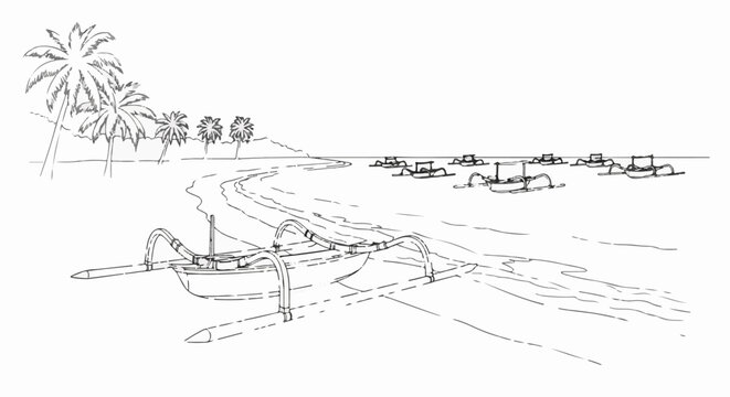 Tropical beach scene with outrigger canoes and palm trees