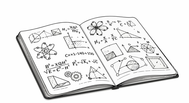 An open book displays complex scientific and mathematical equations and diagrams